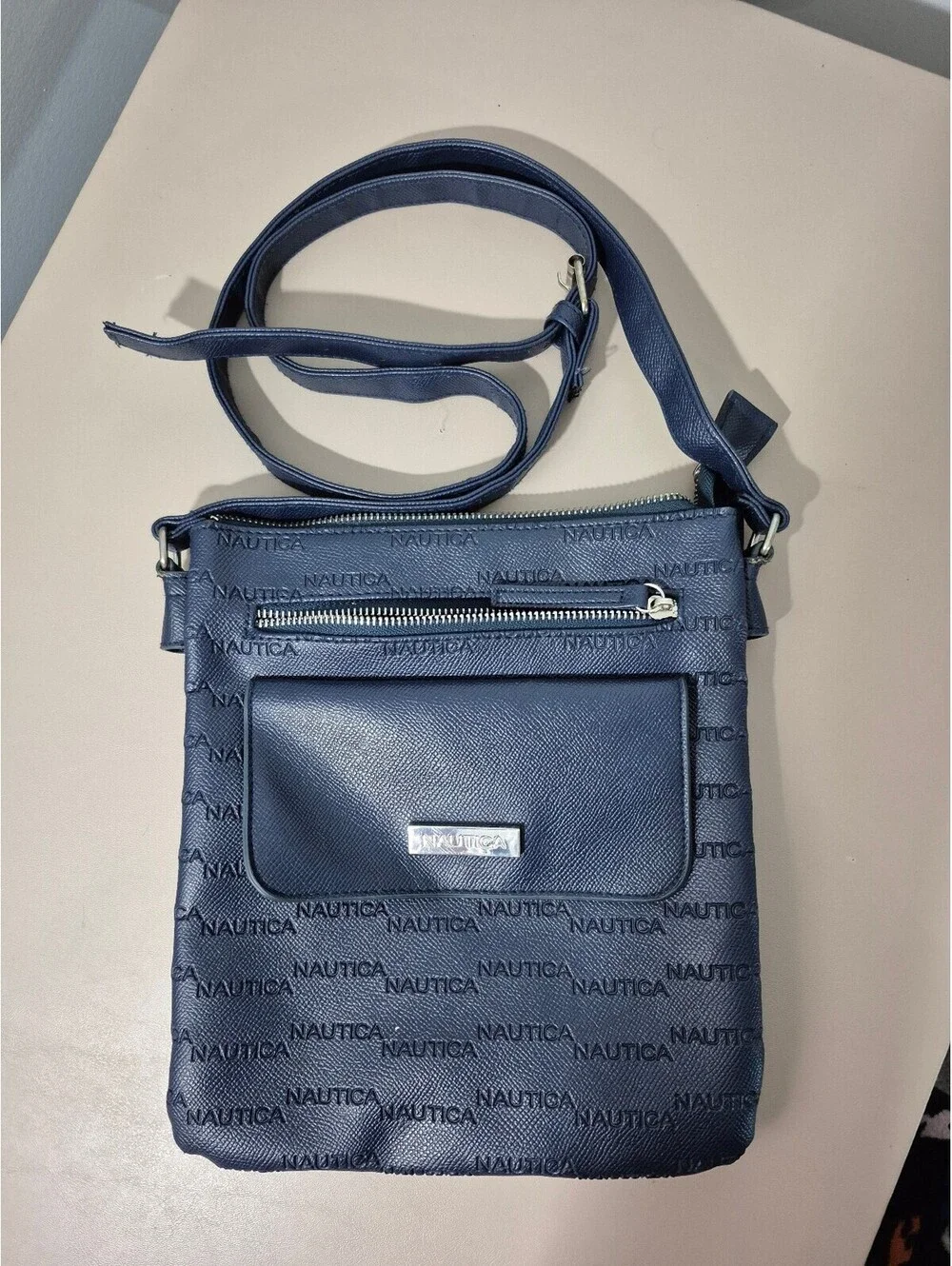 Nautica Navy Blue Embossed Logo Crossbody Bag Adjustable Strap
